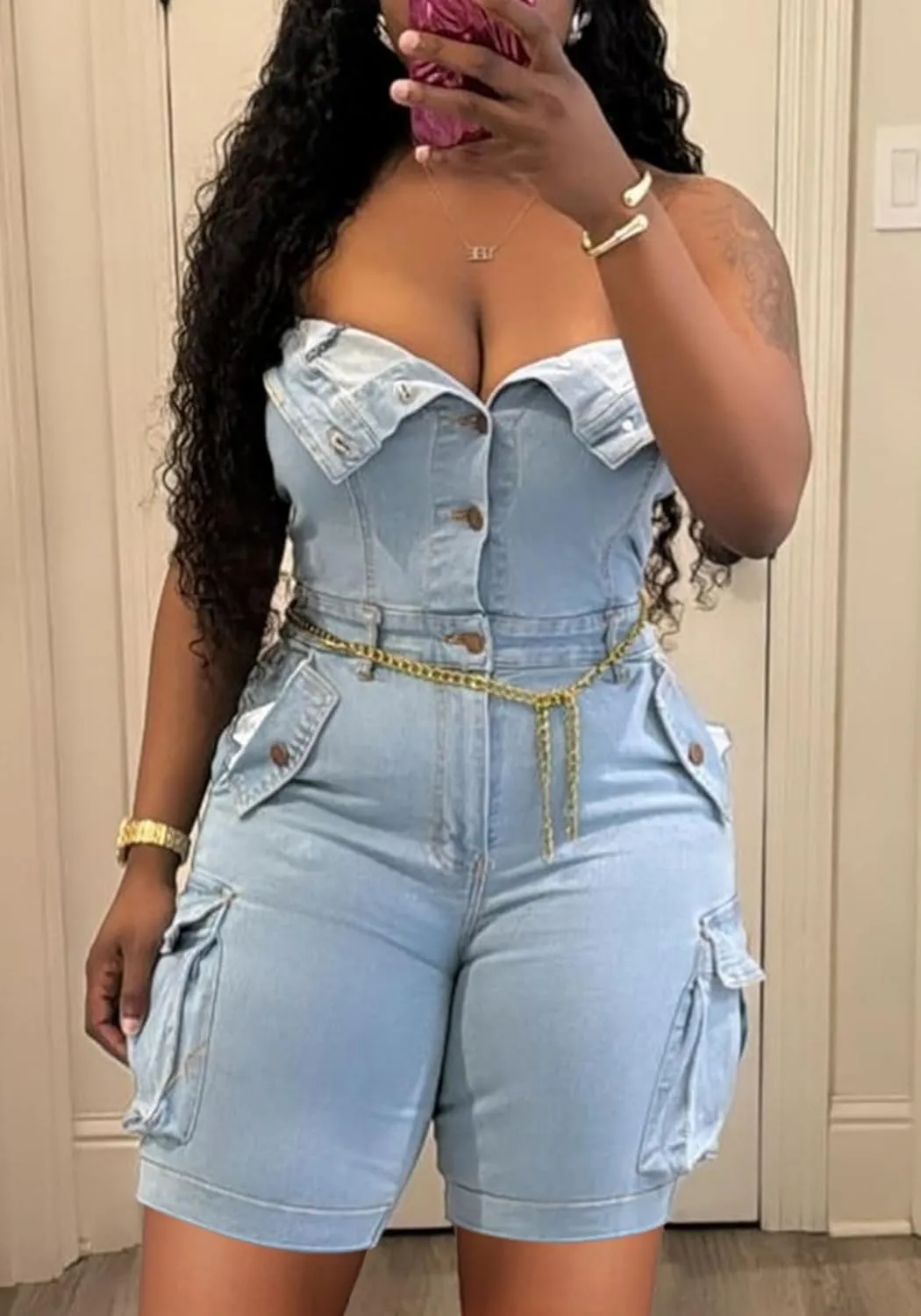 Unybwonn Women Sexy Denim Cargo Romper Strapless Sleeveless Stretch Jean Jumpsuit One Piece Overalls Shorts Clubwear
