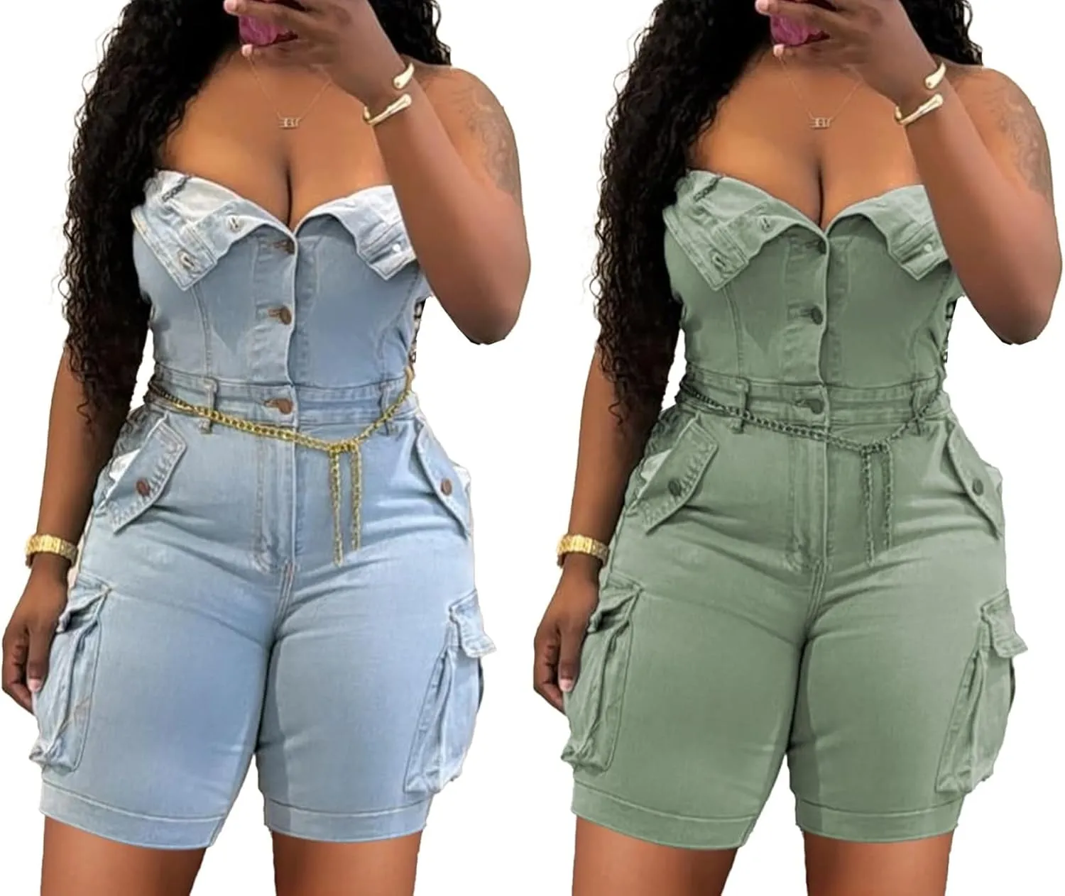 Unybwonn Women Sexy Denim Cargo Romper Strapless Sleeveless Stretch Jean Jumpsuit One Piece Overalls Shorts Clubwear