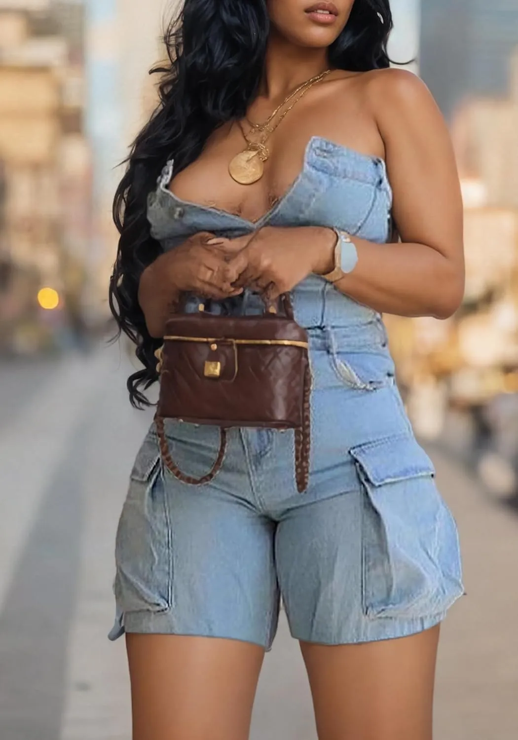 Unybwonn Women Sexy Denim Cargo Romper Strapless Sleeveless Stretch Jean Jumpsuit One Piece Overalls Shorts Clubwear