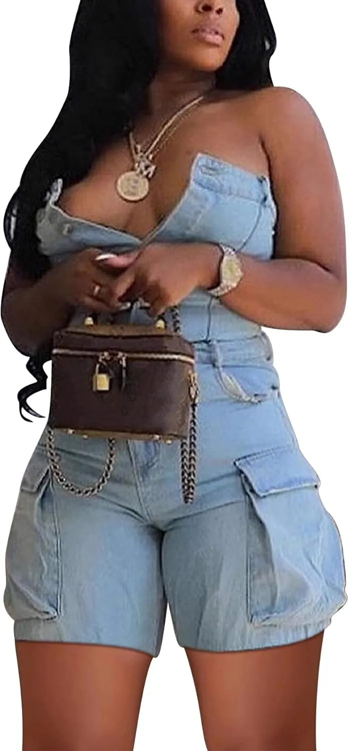 Unybwonn Women Sexy Denim Cargo Romper Strapless Sleeveless Stretch Jean Jumpsuit One Piece Overalls Shorts Clubwear