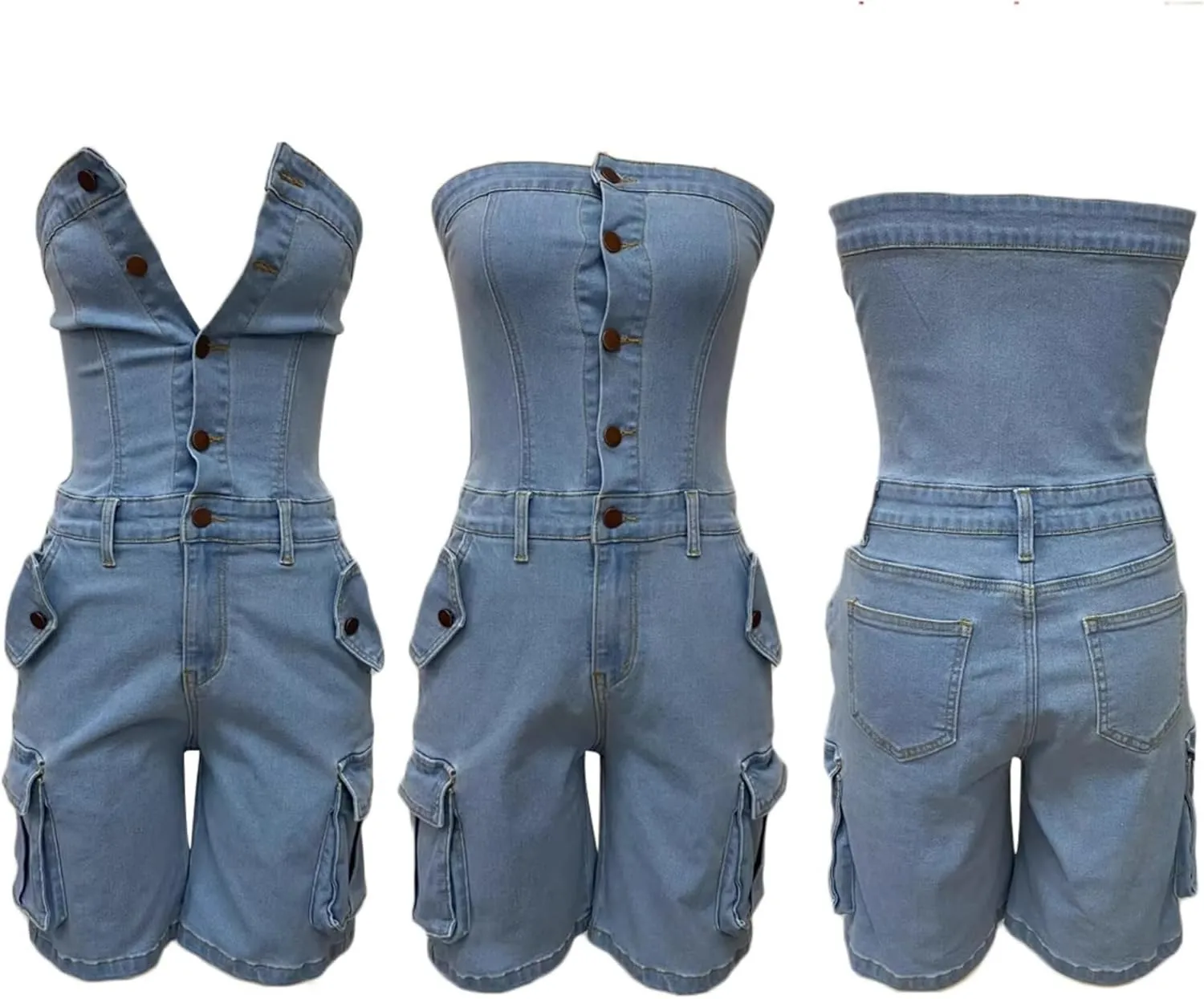 Unybwonn Women Sexy Denim Cargo Romper Strapless Sleeveless Stretch Jean Jumpsuit One Piece Overalls Shorts Clubwear