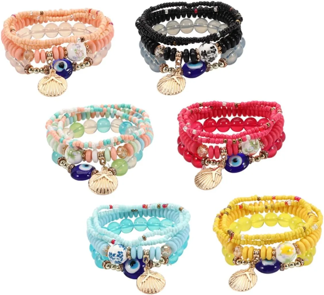 VALICLUD Bracelets Set 6 Pieces Eye Braided Chain Beaded Fashion Stacked Bracelets