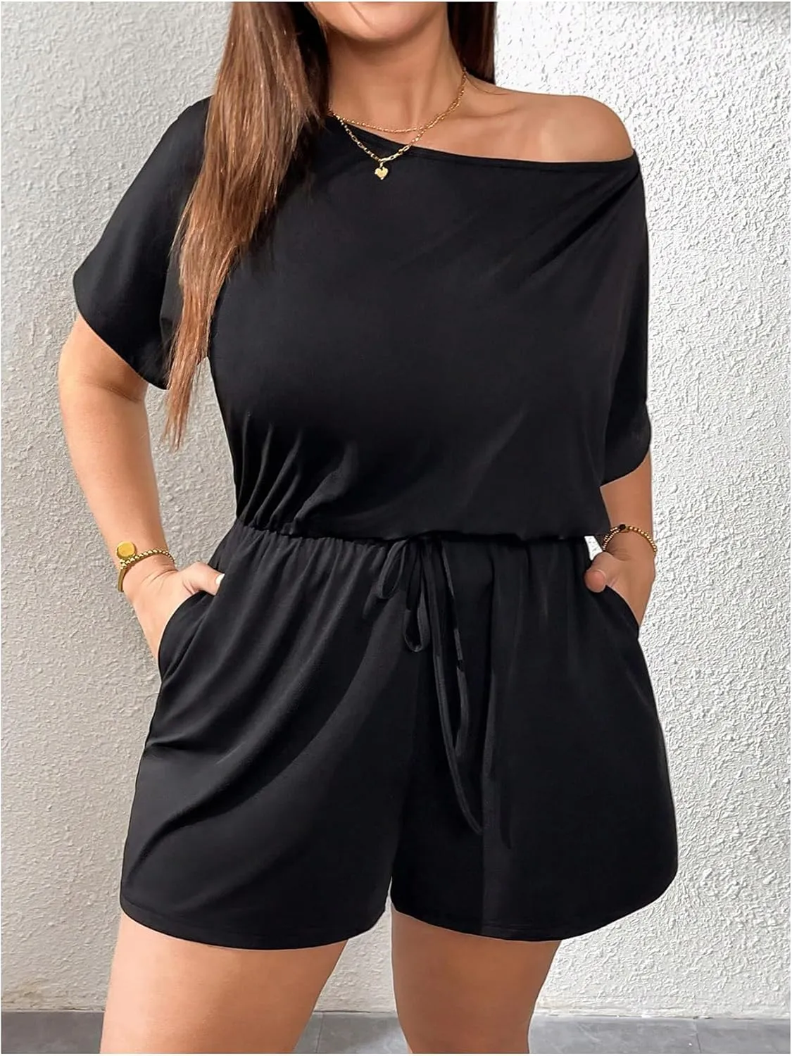 Verdusa Women's Plus Size Off The Shoulder One Piece Romper Drawstring Short Jumpsuits with Pockets