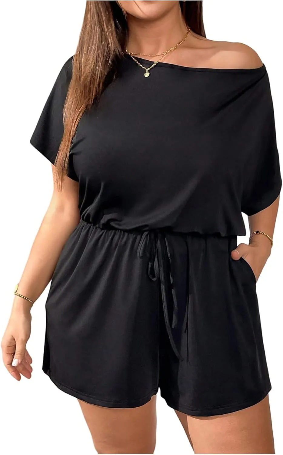Verdusa Women's Plus Size Off The Shoulder One Piece Romper Drawstring Short Jumpsuits with Pockets