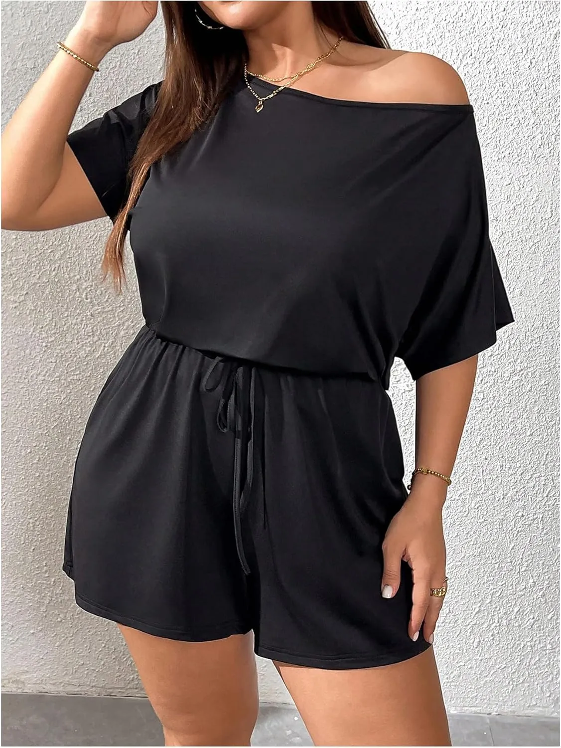 Verdusa Women's Plus Size Off The Shoulder One Piece Romper Drawstring Short Jumpsuits with Pockets