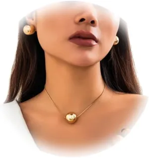 Vintage Big Ball Choker Necklaces Earrings Set for Women Silver/Gold Metal Thin Link Chain Clavicle Necklaces Summer Simple Body Jewelry