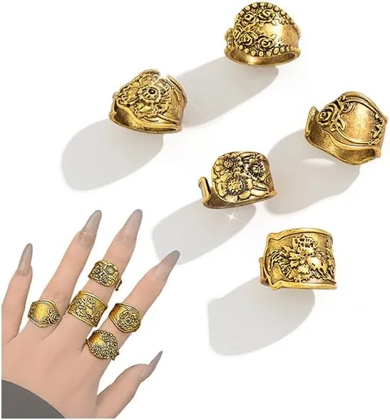 Vintage Boho Stacked Open Rings Set for Women Chunky Punk 14K Gold Flowers Carved Stackable Knuckle Ring Trendy Bohemian Western Hippy Finger Jewelry