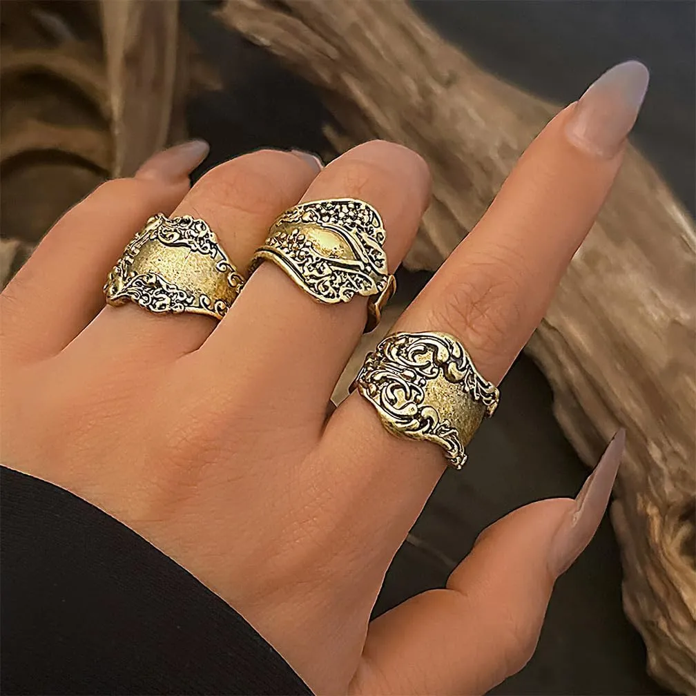 Vintage Boho Stacked Open Rings Set for Women Chunky Punk 14K Gold Flowers Carved Stackable Knuckle Ring Trendy Bohemian Western Hippy Finger Jewelry