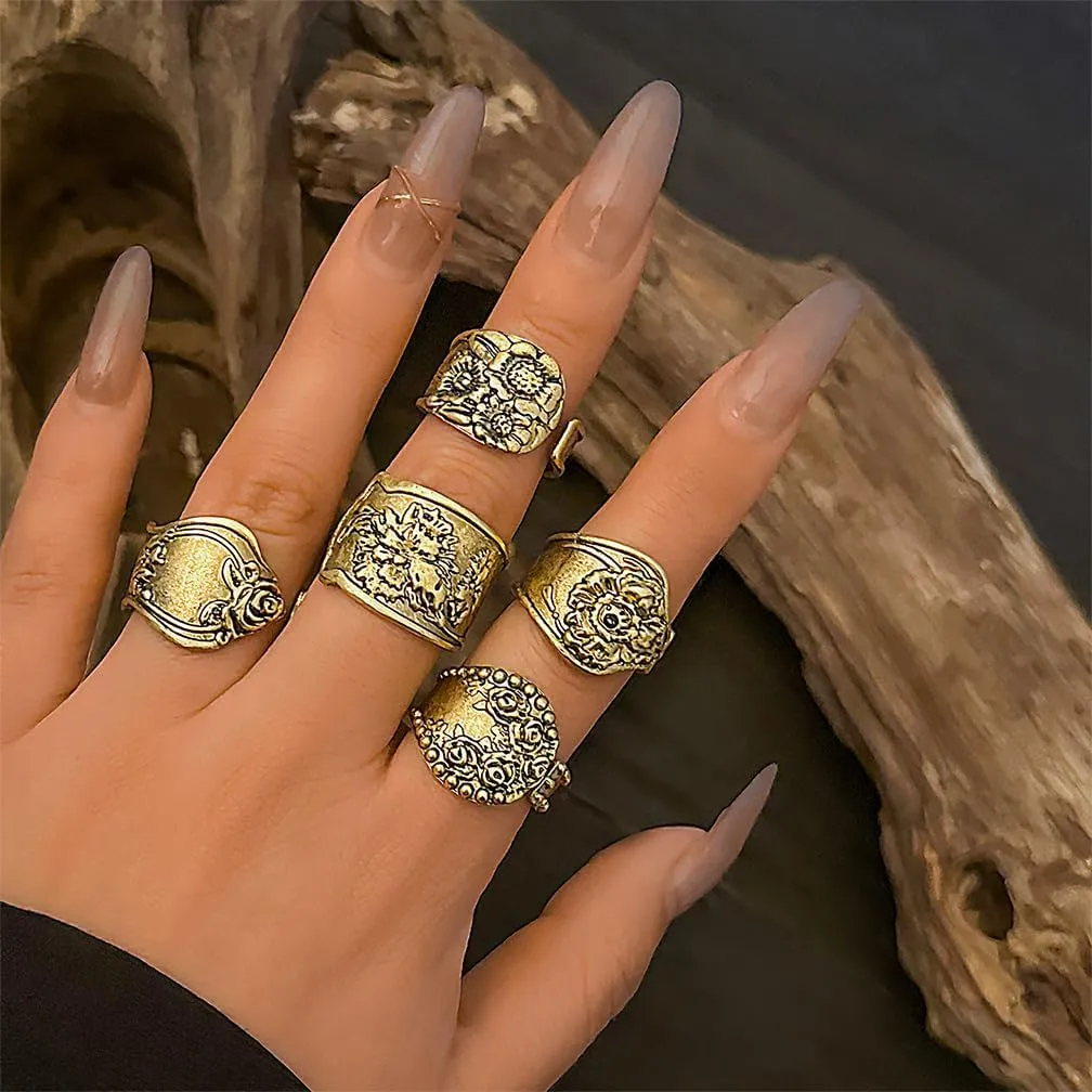 Vintage Boho Stacked Open Rings Set for Women Chunky Punk 14K Gold Flowers Carved Stackable Knuckle Ring Trendy Bohemian Western Hippy Finger Jewelry
