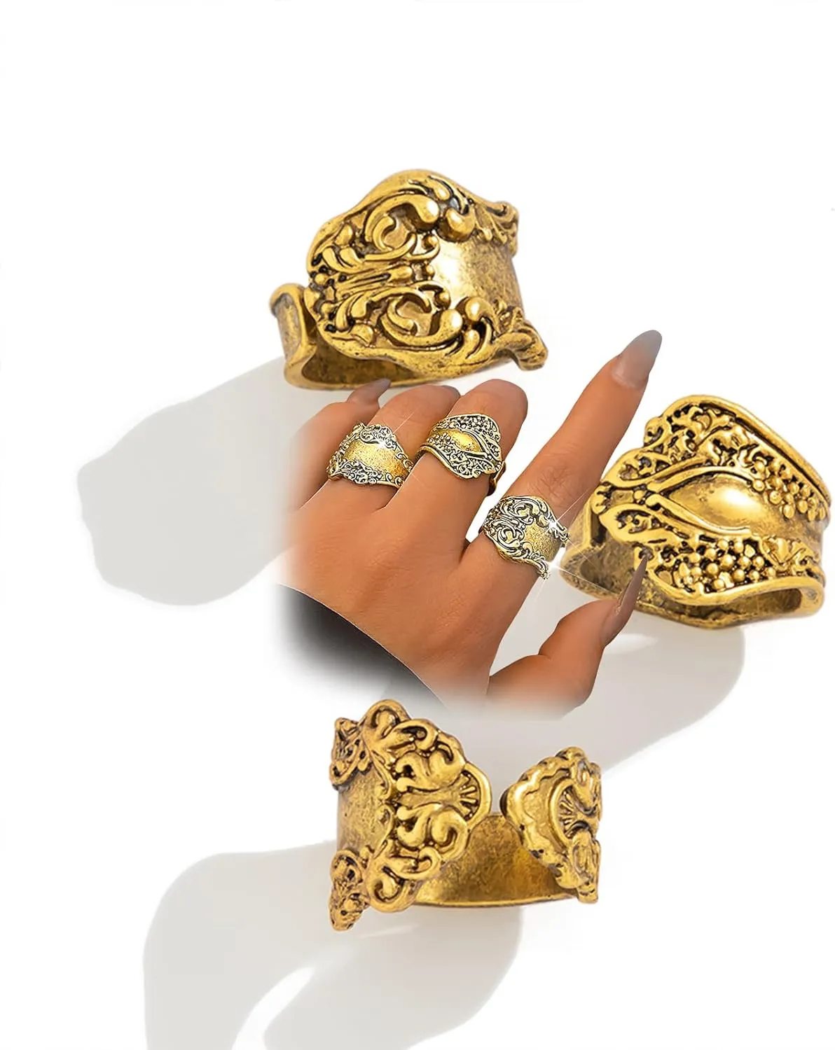 Vintage Boho Stacked Open Rings Set for Women Chunky Punk 14K Gold Flowers Carved Stackable Knuckle Ring Trendy Bohemian Western Hippy Finger Jewelry