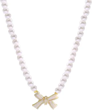 Vintage Bow Pearl Necklace Bow Pendant Imitation Pearl Clavicle Chain for Women Wedding Parties Fashion Jewelry Accessories