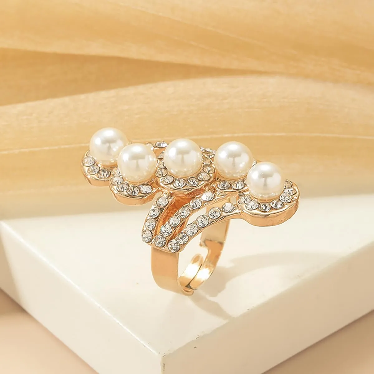 Vintage Pearl Cluster Rings - Adjustable Open Full Finger Pearl Statement Rings for Women