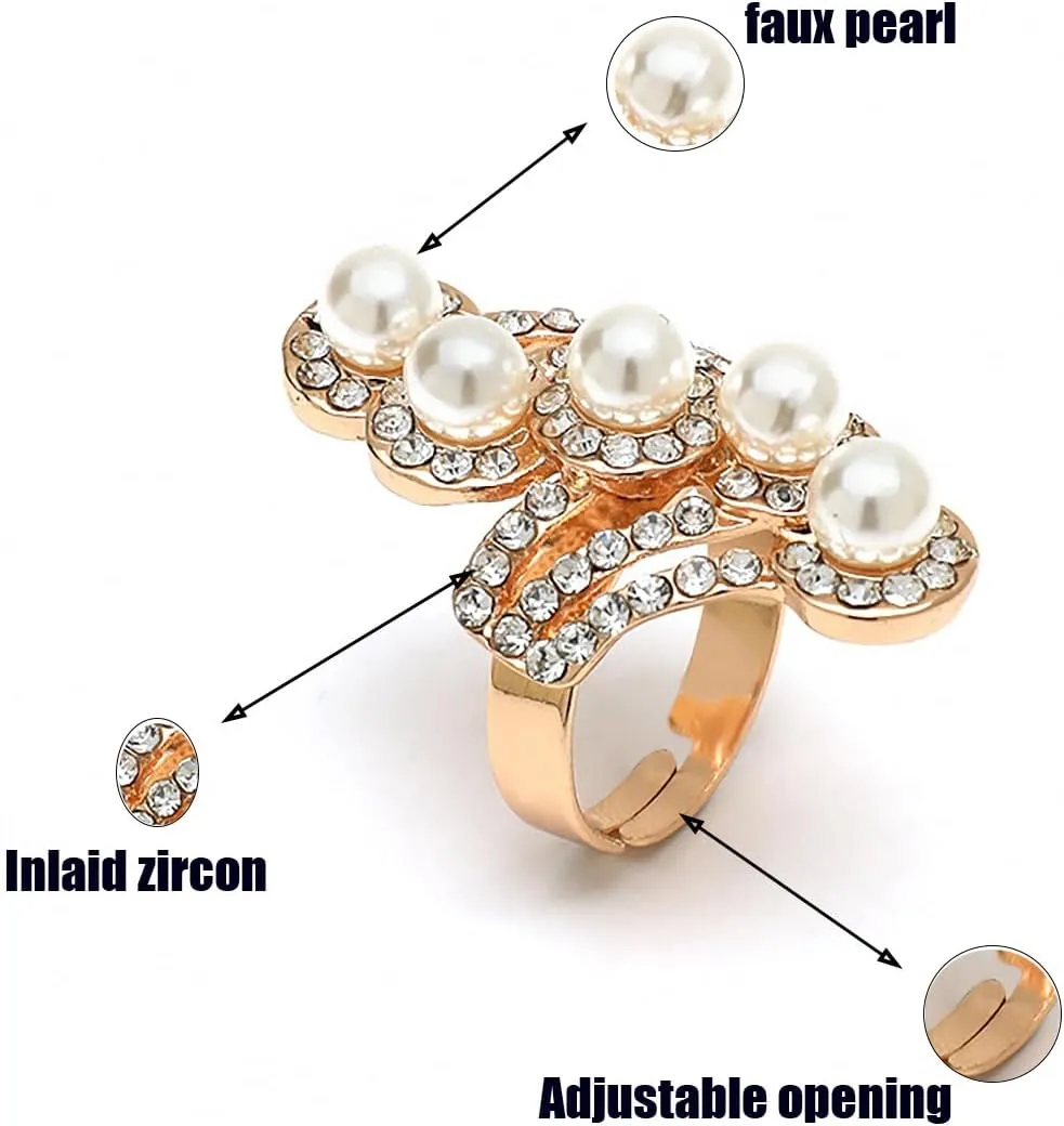 Vintage Pearl Cluster Rings - Adjustable Open Full Finger Pearl Statement Rings for Women