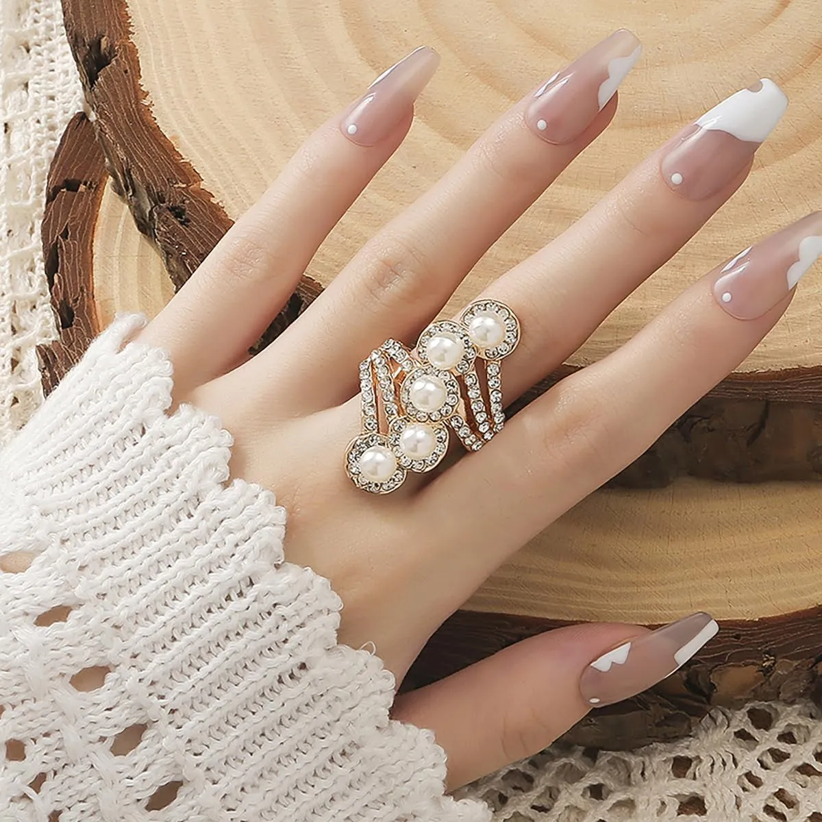 Vintage Pearl Cluster Rings - Adjustable Open Full Finger Pearl Statement Rings for Women