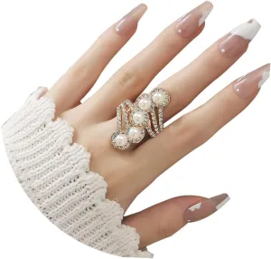 Vintage Pearl Cluster Rings - Adjustable Open Full Finger Pearl Statement Rings for Women