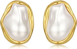 Vintage Pearl Earrings Chunky Gold Statement Baroque Pearl Earrings for Women Stud Non Tarnish Stainless Steel
