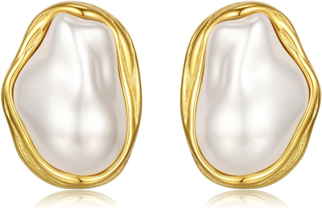 Vintage Pearl Earrings Chunky Gold Statement Baroque Pearl Earrings for Women Stud Non Tarnish Stainless Steel