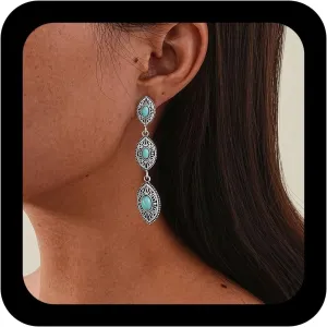 Vintage Turquoise Oval Dangle Earrings Long Blue Stone Drop Earrings Oval Tribal Dangle Earrings Retro Turquoise Stud Earrings Turquoise Oval Bead Earrings for Women