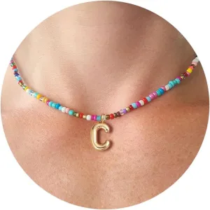 VRIUA Colorful Initial Necklaces for Women  Bubble Necklace Handmade Beaded Necklace Dainty Cute Beach Boho Necklaces for Women Trendy Jewelry Choker Necklace