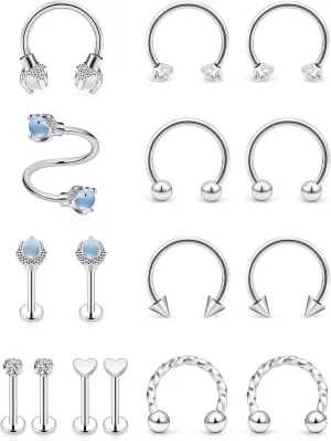Vsnnsns 16G Lip Rings Stainless Steel Horseshoe Labret Jewelry Monroe Lip Rings Cartilage Tragus Helix Earrings Studs Septum Ring Medusa Piercing Jewelry for Women Men 16 Gauge Earrings 16PCS
