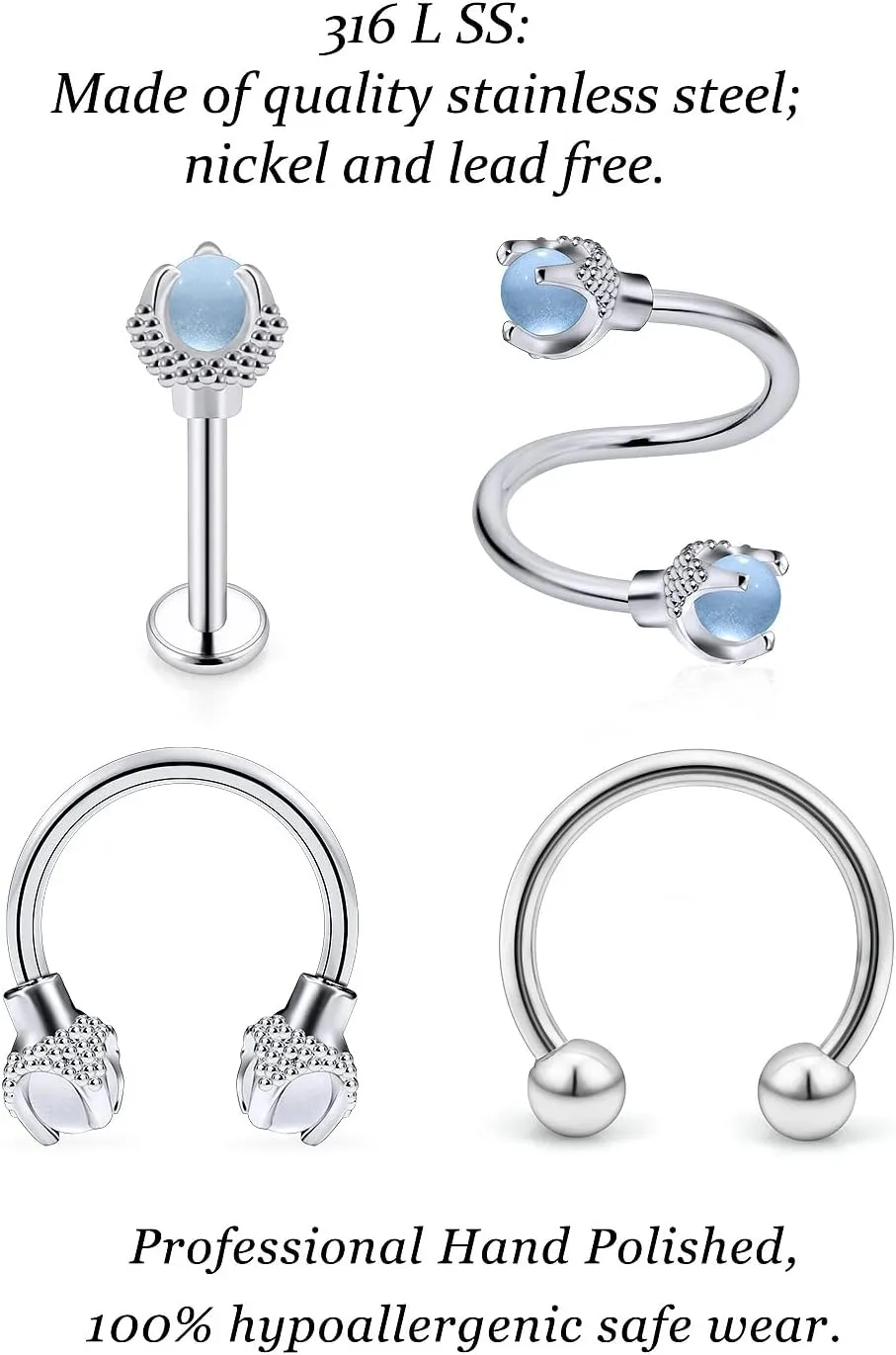 Vsnnsns 16G Lip Rings Stainless Steel Horseshoe Labret Jewelry Monroe Lip Rings Cartilage Tragus Helix Earrings Studs Septum Ring Medusa Piercing Jewelry for Women Men 16 Gauge Earrings 16PCS