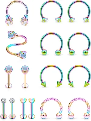 Vsnnsns 16G Lip Rings Stainless Steel Horseshoe Labret Jewelry Monroe Lip Rings Cartilage Tragus Helix Earrings Studs Septum Ring Medusa Piercing Jewelry for Women Men 16 Gauge Earrings 16PCS