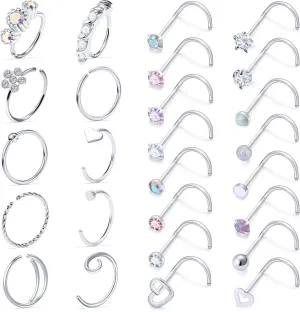 Vsnnsns 20G Nose Rings Studs Piercing Jewelry for Women 316L Surgical Stainless Steel L Shaped Corkscrew Straight Butterfly Heart Diamond CZ Hoop Nose Rings Studs Nostril Piercing Jewelry Silver Gold