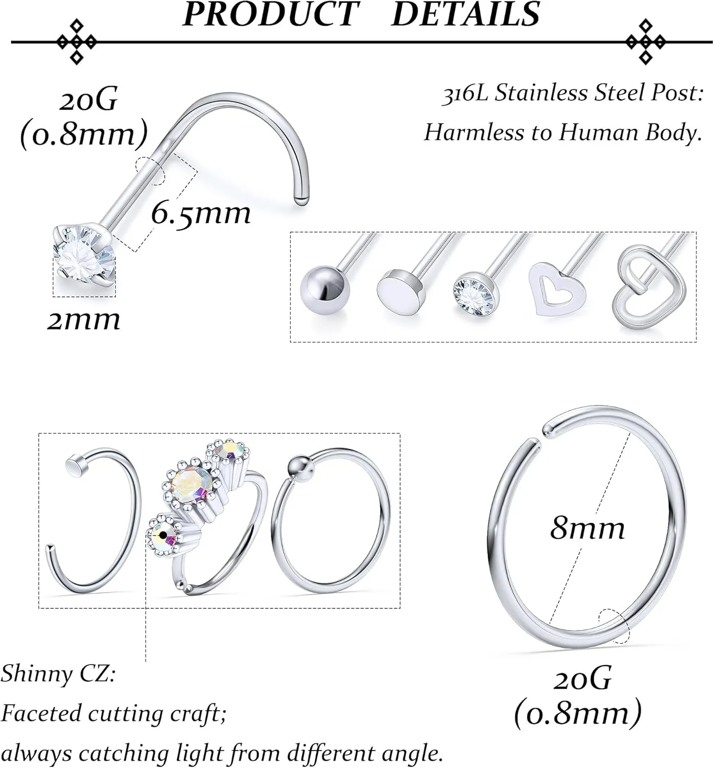 Vsnnsns 20G Nose Rings Studs Piercing Jewelry for Women 316L Surgical Stainless Steel L Shaped Corkscrew Straight Butterfly Heart Diamond CZ Hoop Nose Rings Studs Nostril Piercing Jewelry Silver Gold