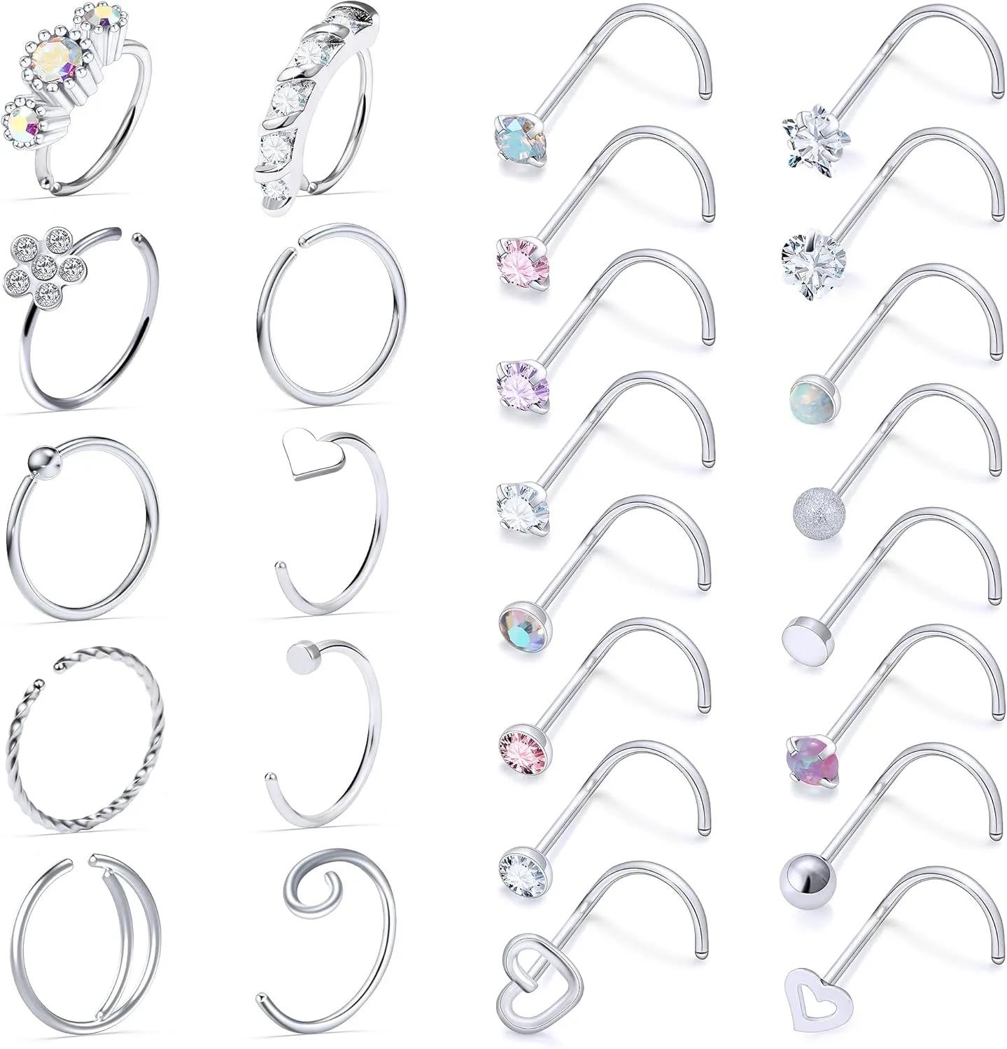 Vsnnsns 20G Nose Rings Studs Piercing Jewelry for Women 316L Surgical Stainless Steel L Shaped Corkscrew Straight Butterfly Heart Diamond CZ Hoop Nose Rings Studs Nostril Piercing Jewelry Silver Gold