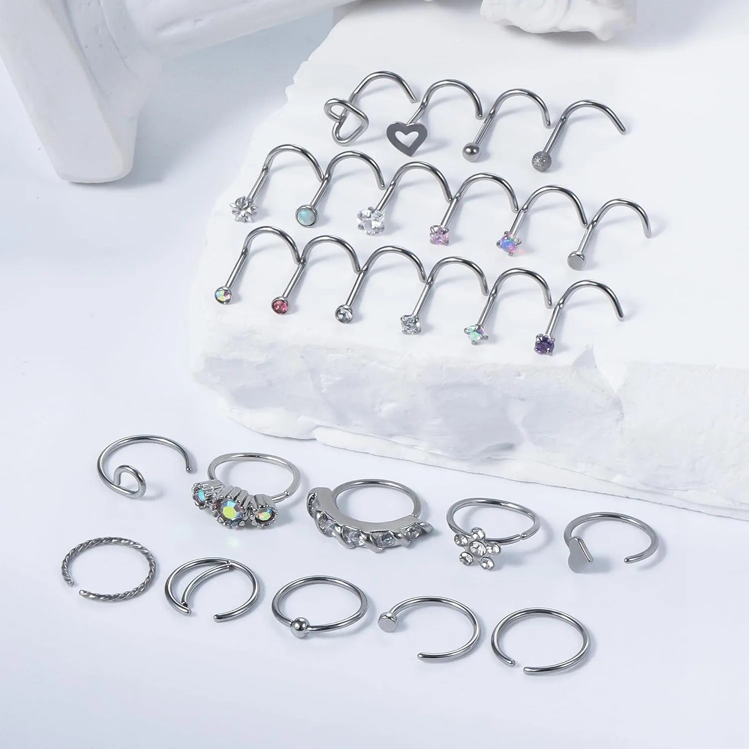 Vsnnsns 20G Nose Rings Studs Piercing Jewelry for Women 316L Surgical Stainless Steel L Shaped Corkscrew Straight Butterfly Heart Diamond CZ Hoop Nose Rings Studs Nostril Piercing Jewelry Silver Gold