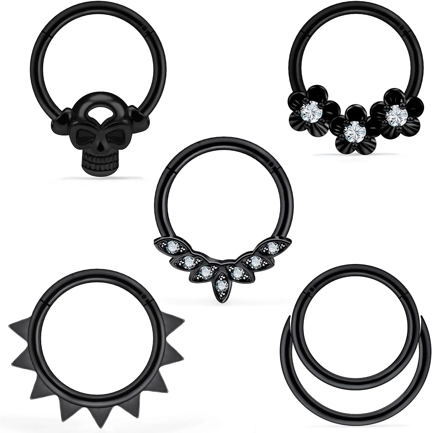 Vsnnsns Septum Ring 16G Stainless Steel Skull Septum Piercing Jewelry Clicker Flower Nose Ring Hoop Piercing Jewelry for Women Men Silver Black Rainbow Rose Gold 10mm