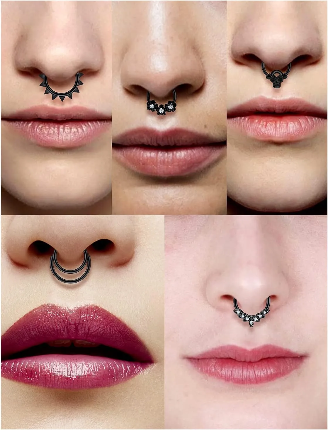 Vsnnsns Septum Ring 16G Stainless Steel Skull Septum Piercing Jewelry Clicker Flower Nose Ring Hoop Piercing Jewelry for Women Men Silver Black Rainbow Rose Gold 10mm