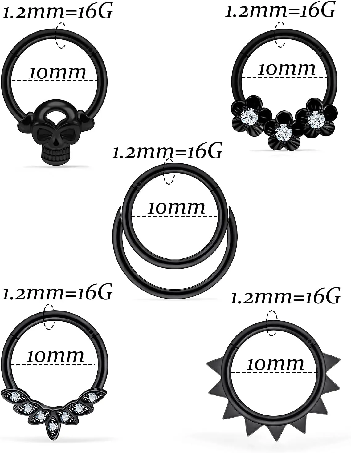 Vsnnsns Septum Ring 16G Stainless Steel Skull Septum Piercing Jewelry Clicker Flower Nose Ring Hoop Piercing Jewelry for Women Men Silver Black Rainbow Rose Gold 10mm