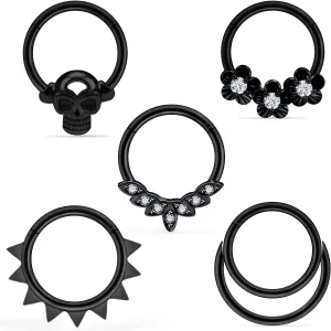 Vsnnsns Septum Ring 16G Stainless Steel Skull Septum Piercing Jewelry Clicker Flower Nose Ring Hoop Piercing Jewelry for Women Men Silver Black Rainbow Rose Gold 10mm