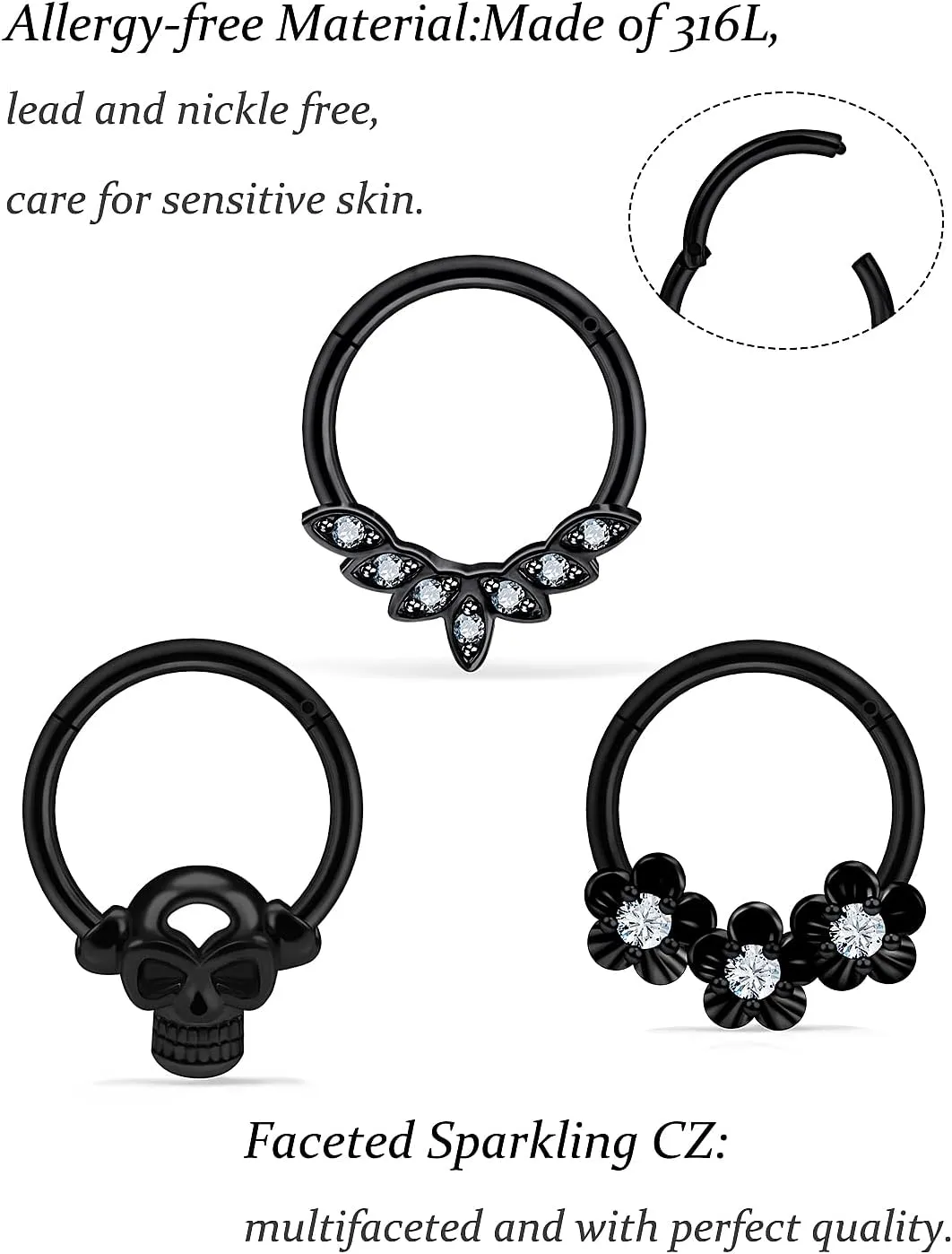 Vsnnsns Septum Ring 16G Stainless Steel Skull Septum Piercing Jewelry Clicker Flower Nose Ring Hoop Piercing Jewelry for Women Men Silver Black Rainbow Rose Gold 10mm