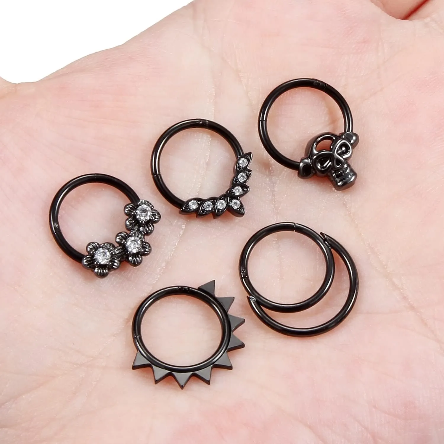 Vsnnsns Septum Ring 16G Stainless Steel Skull Septum Piercing Jewelry Clicker Flower Nose Ring Hoop Piercing Jewelry for Women Men Silver Black Rainbow Rose Gold 10mm