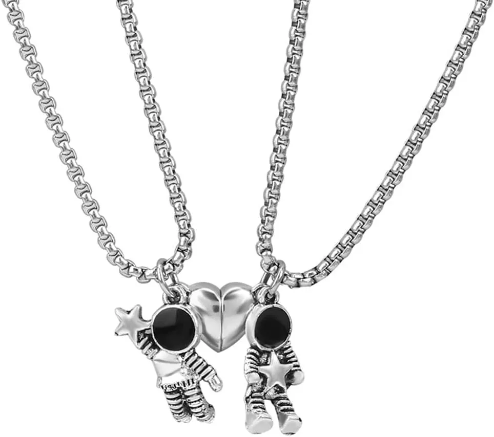 WAINIS 2 Pcs Stainless Steel Couples Necklaces Astronomy Spaceman Matching Couple Necklaces Valentines Day for Him Her or Best Friends Jewelry