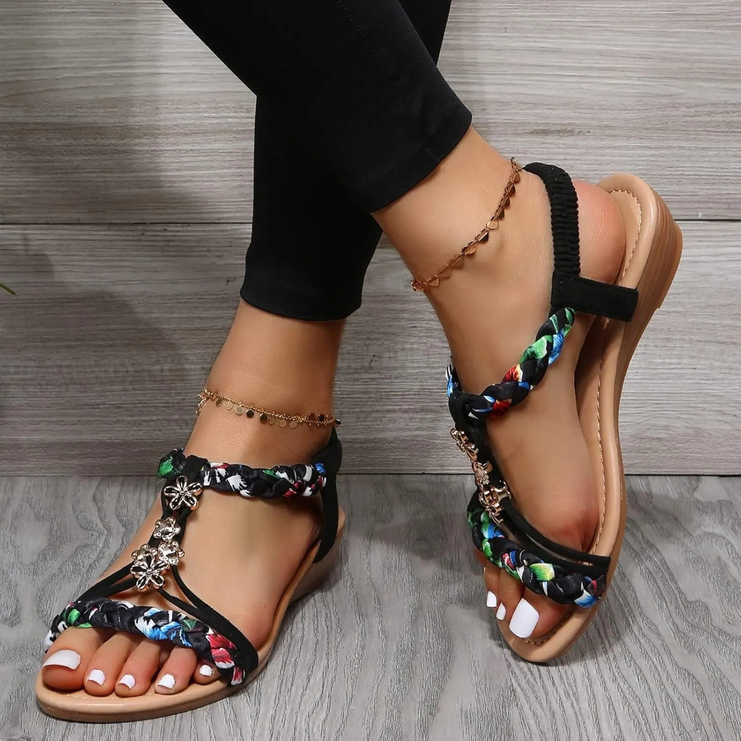 Walking Sandals Women Comfortable Summer Dressy Wedge Sandals Rhinestone Beaded Bohemian Beach Sandal Fashion Non-Slip Orthopedic Sandal