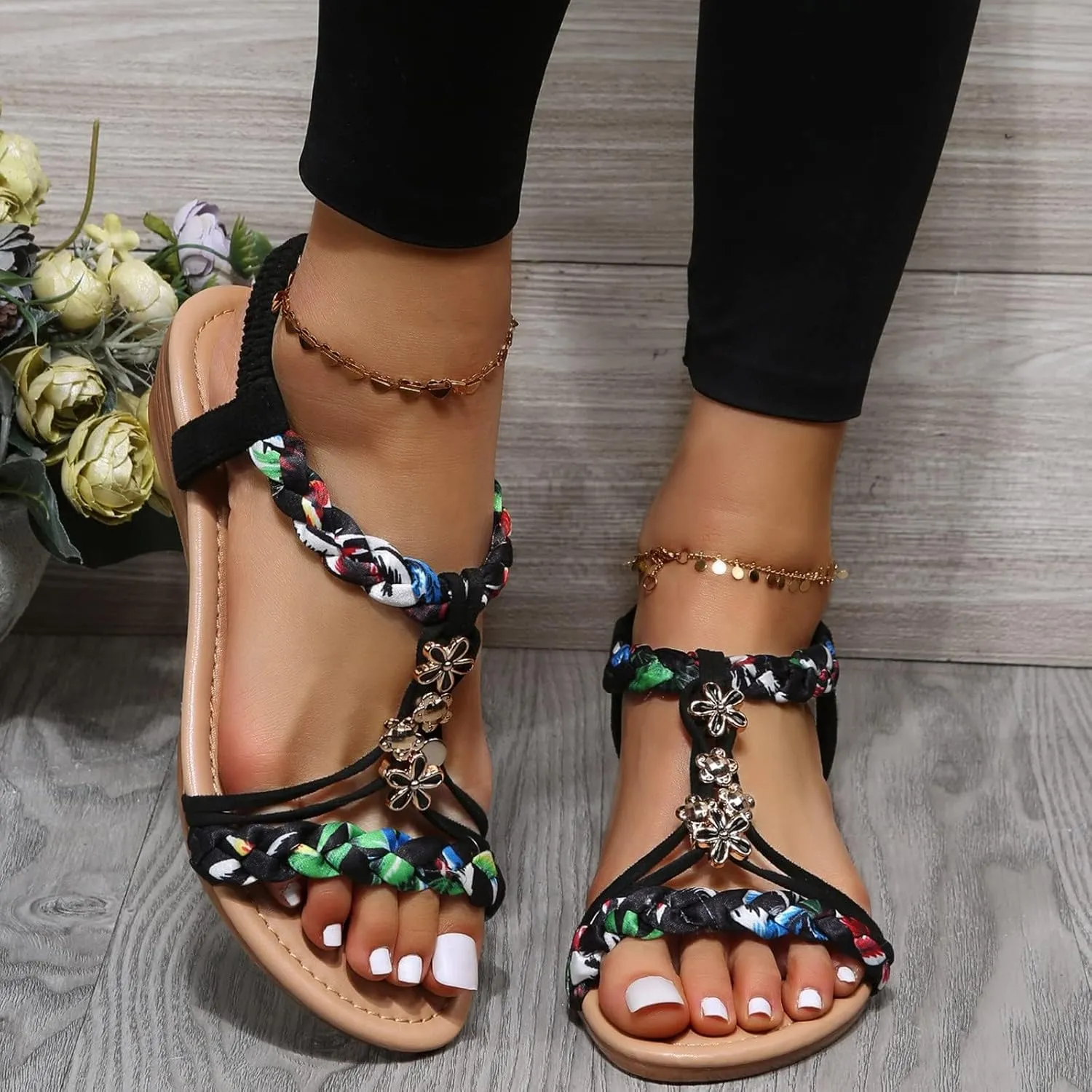 Walking Sandals Women Comfortable Summer Dressy Wedge Sandals Rhinestone Beaded Bohemian Beach Sandal Fashion Non-Slip Orthopedic Sandal