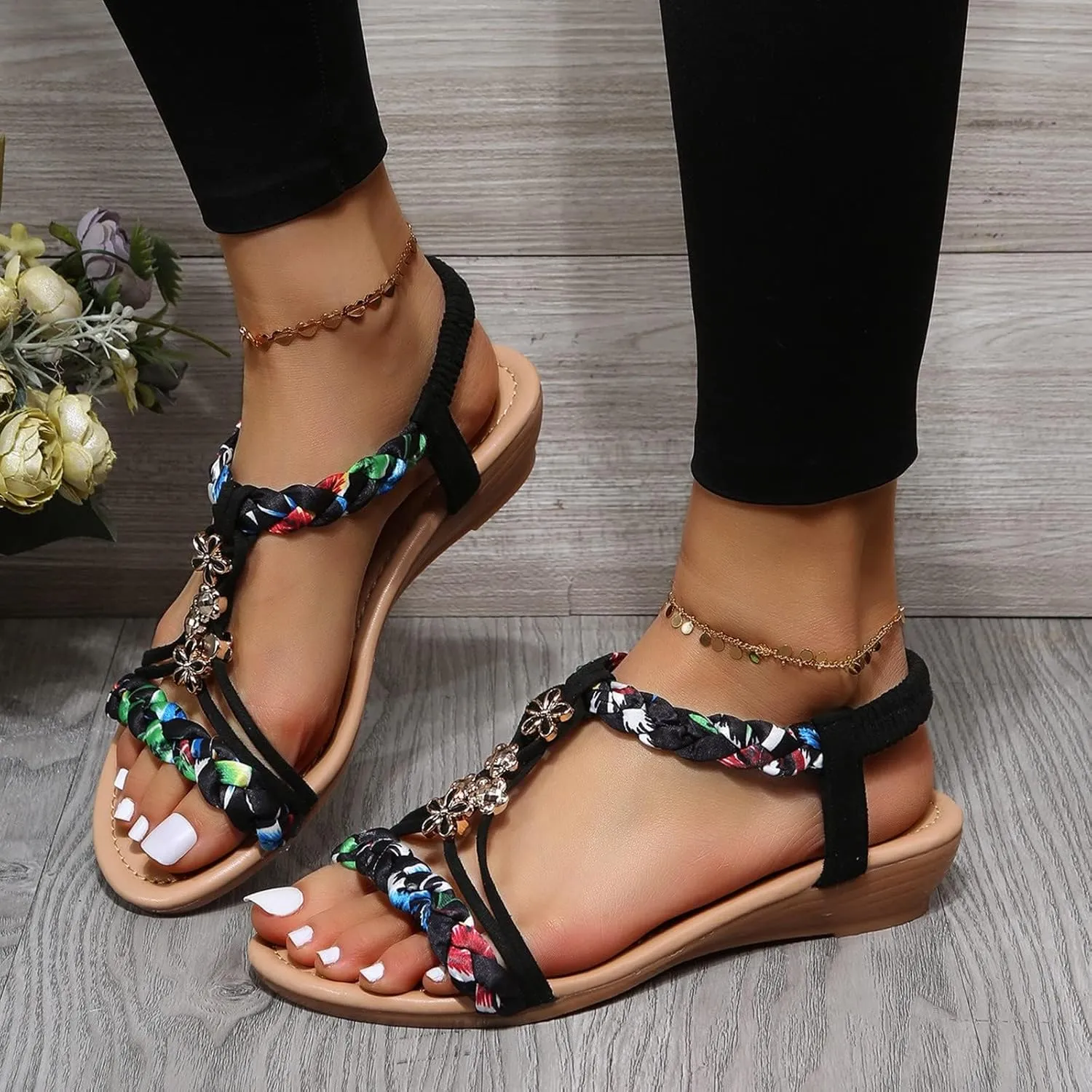 Walking Sandals Women Comfortable Summer Dressy Wedge Sandals Rhinestone Beaded Bohemian Beach Sandal Fashion Non-Slip Orthopedic Sandal