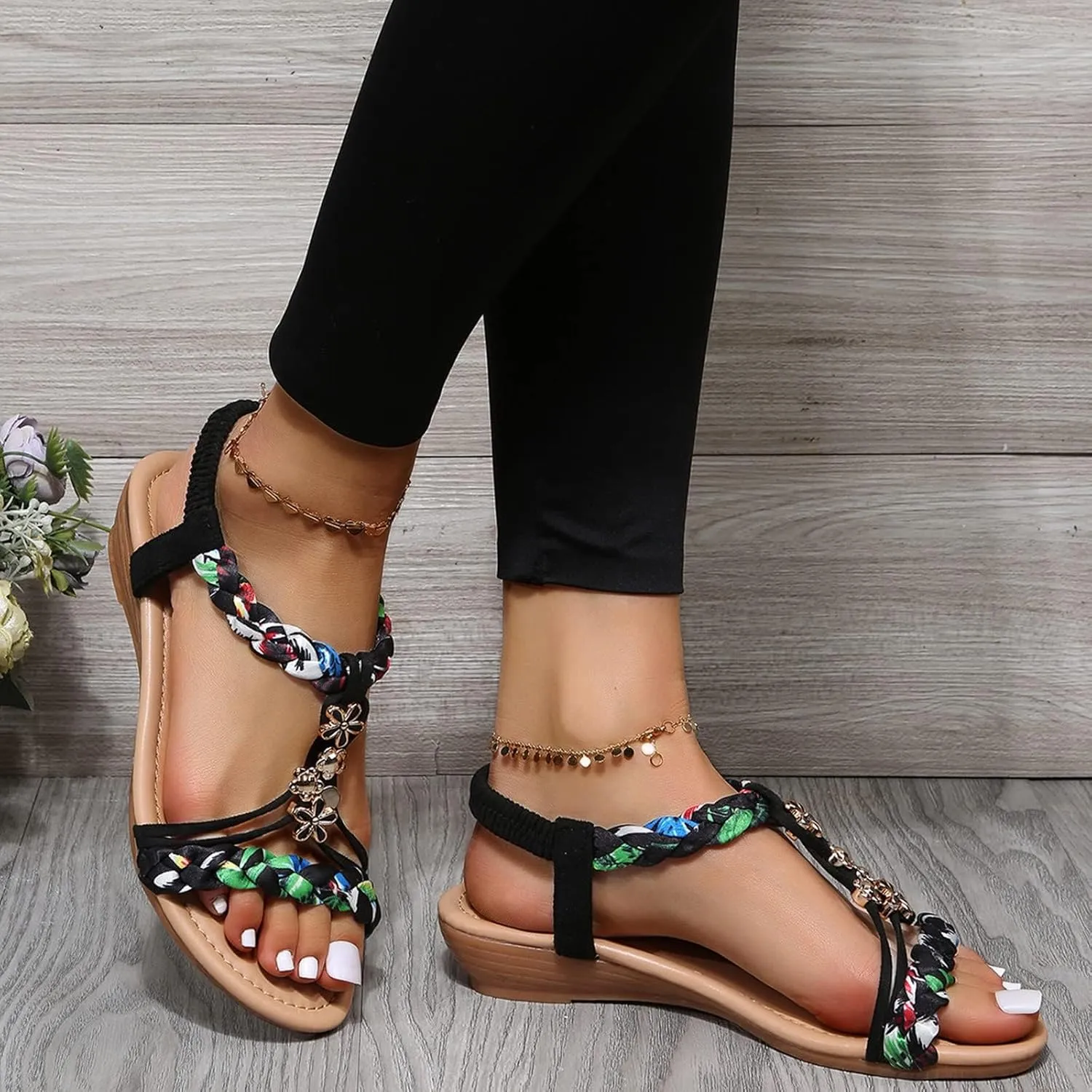 Walking Sandals Women Comfortable Summer Dressy Wedge Sandals Rhinestone Beaded Bohemian Beach Sandal Fashion Non-Slip Orthopedic Sandal
