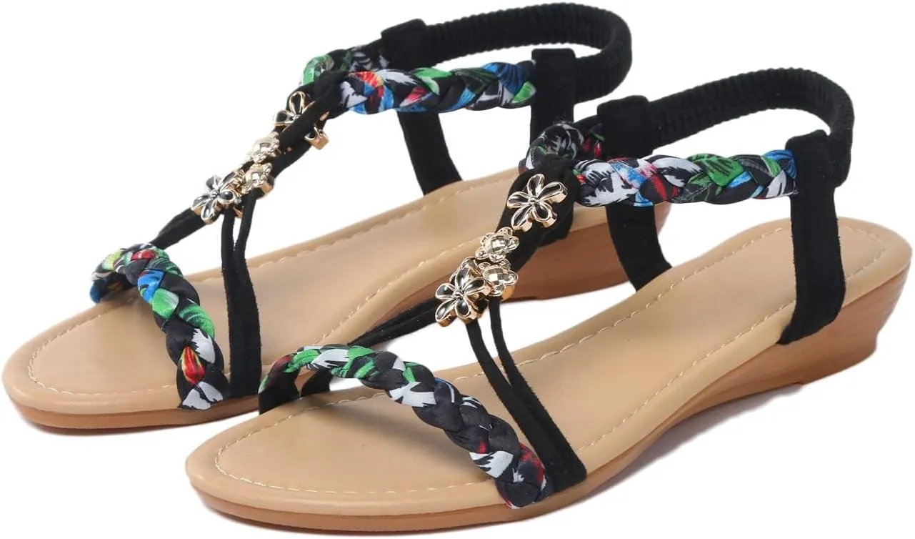 Walking Sandals Women Comfortable Summer Dressy Wedge Sandals Rhinestone Beaded Bohemian Beach Sandal Fashion Non-Slip Orthopedic Sandal