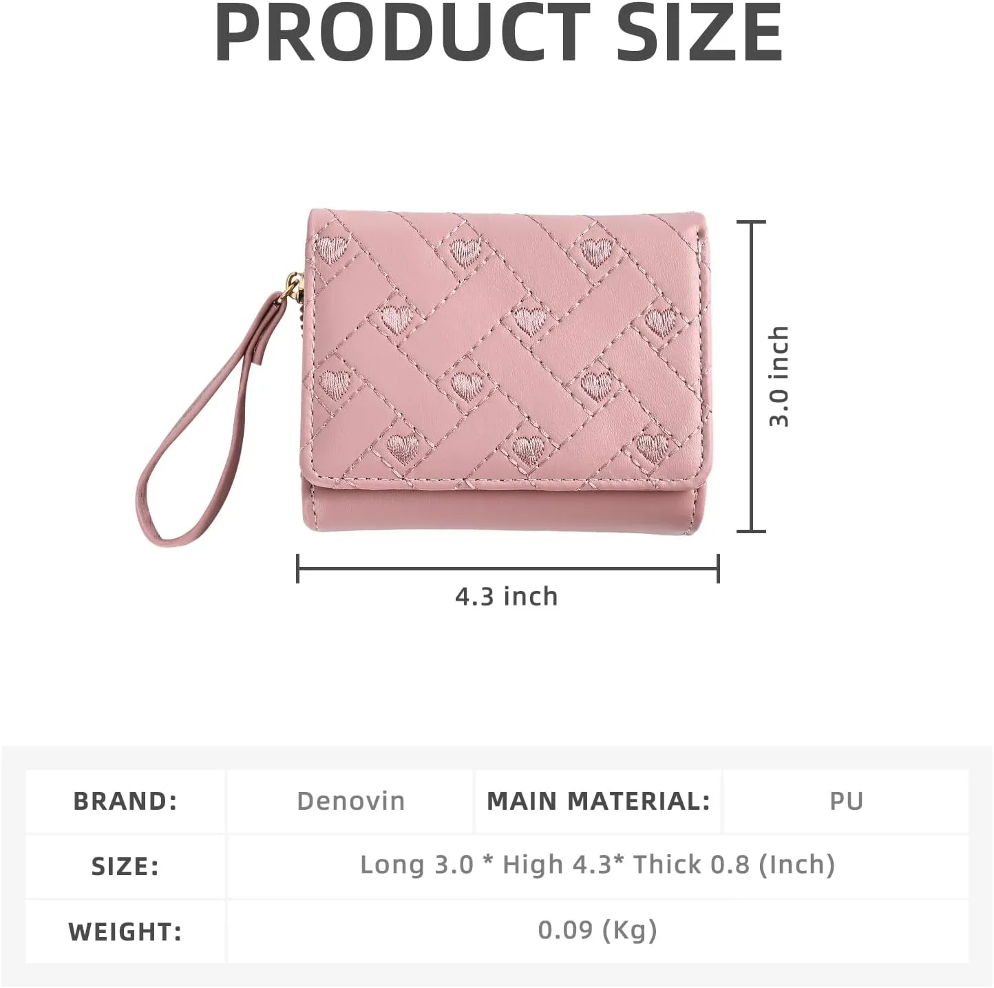 Wallet Women, Cute Pink Ladies Wallet, Love Heart Trifold Wallets Woman Business Credit Card Holder with Zipper Purse for ID Cards Cash Coin Key (Pink)