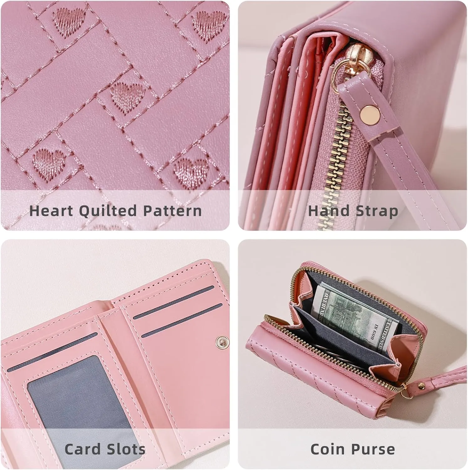 Wallet Women, Cute Pink Ladies Wallet, Love Heart Trifold Wallets Woman Business Credit Card Holder with Zipper Purse for ID Cards Cash Coin Key (Pink)