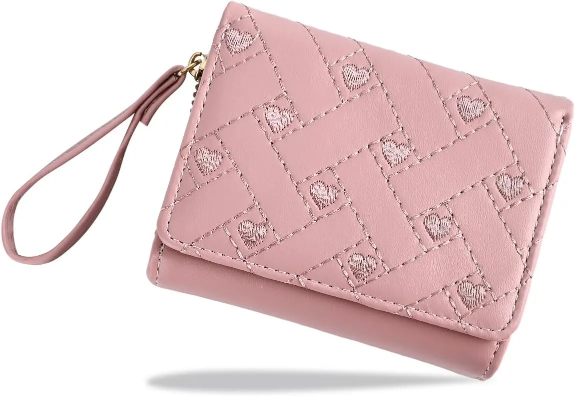 Wallet Women, Cute Pink Ladies Wallet, Love Heart Trifold Wallets Woman Business Credit Card Holder with Zipper Purse for ID Cards Cash Coin Key (Pink)