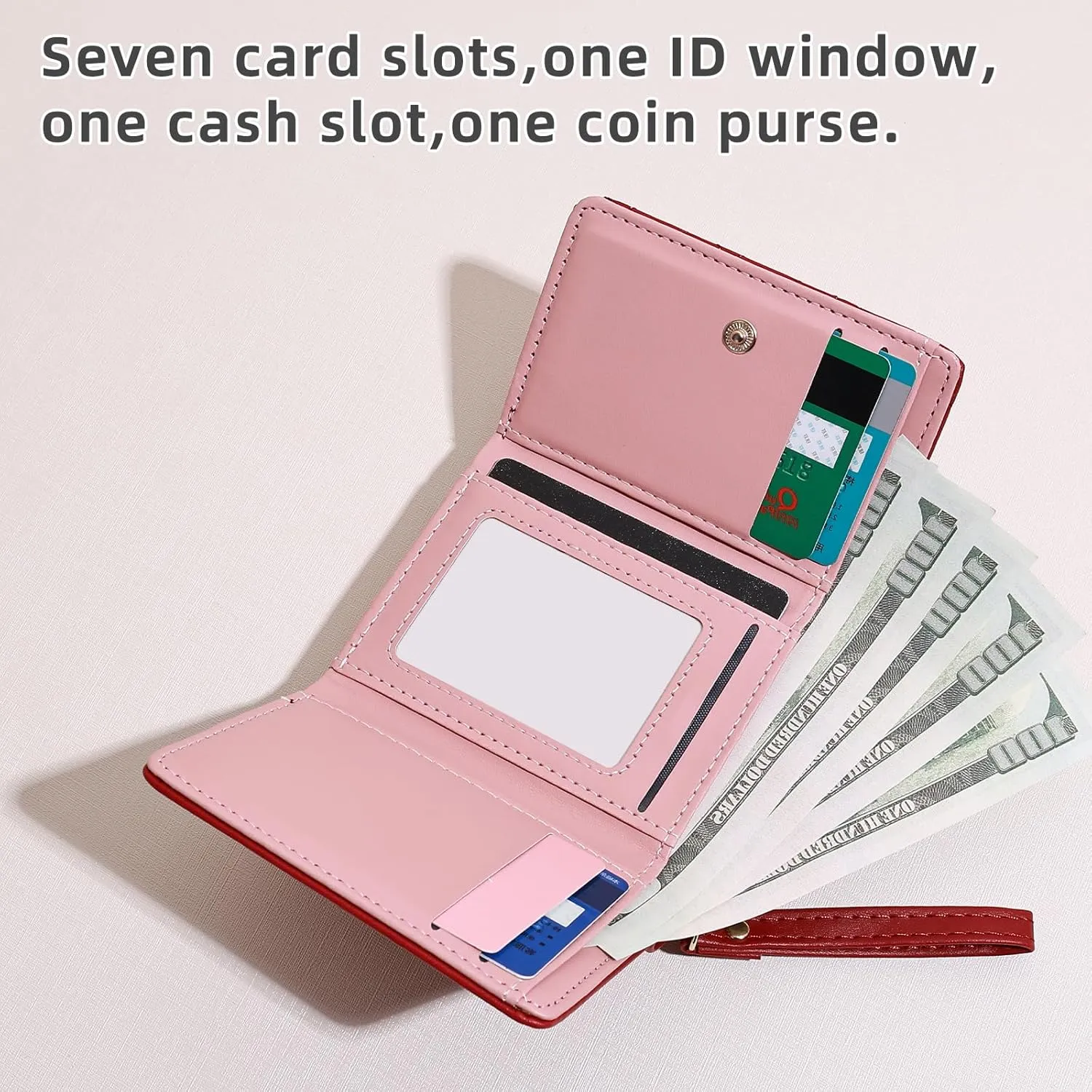 Wallet Women, Cute Pink Ladies Wallet, Love Heart Trifold Wallets Woman Business Credit Card Holder with Zipper Purse for ID Cards Cash Coin Key (Pink)
