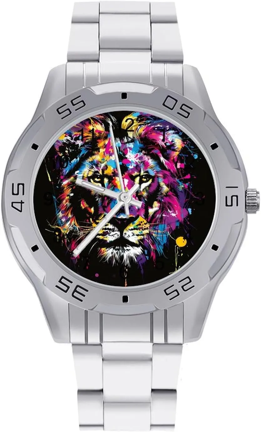 Watercolor Lion Colorful Splash Classic Wrist Watches for Men Casual Business Dress Watch with Stainless Steel Band Work Party