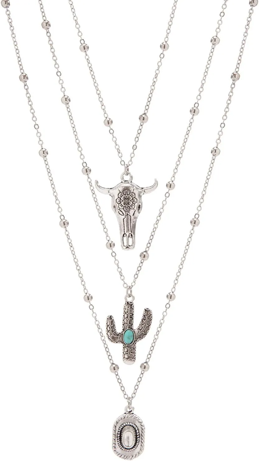 Western Cowboy Necklace for Women Cowgirl Turquoise Pendant Necklace Stackable Boho Chain Necklaces Silver Long Layered Choker Necklaces Retro Suede Jewelry Accessories