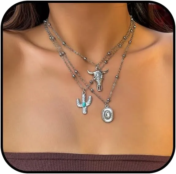 Western Cowboy Necklace for Women Cowgirl Turquoise Pendant Necklace Stackable Boho Chain Necklaces Silver Long Layered Choker Necklaces Retro Suede Jewelry Accessories