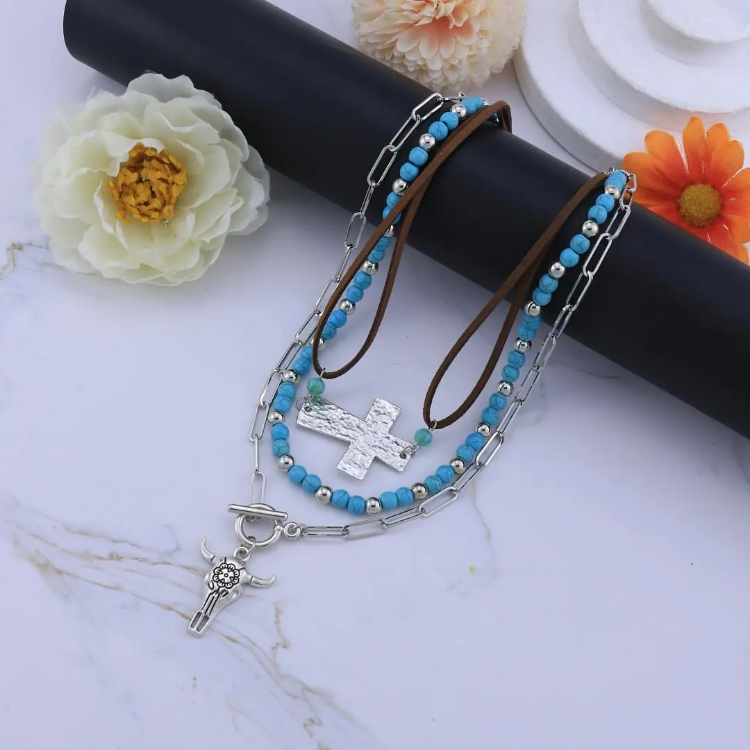 Western Necklaces for Women Turquoise Beaded Layered Chain Necklaces Boho Cowgirl Hat Boots Pendant Western Necklace Country Concert Cowgirl Dresses Accessories